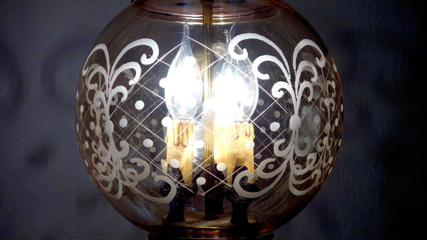 Wunderschöne Antik Messing Glas Hollampe, Kronleuchter, Lüster, 1940er