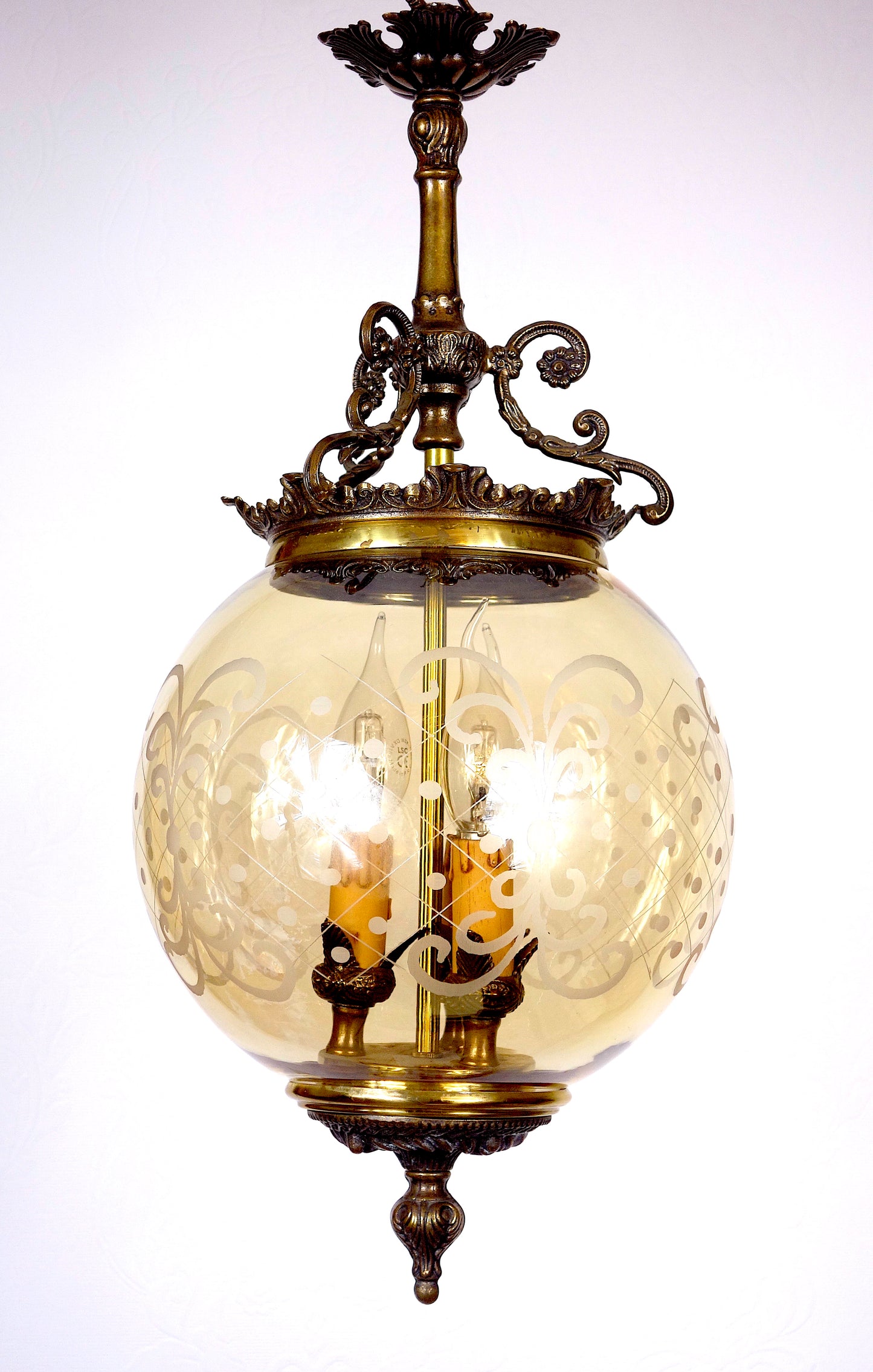 Wunderschöne Antik Messing Glas Hollampe, Kronleuchter, Lüster, 1940er