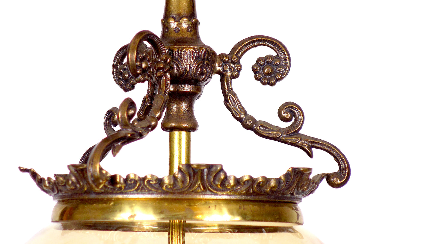 Wunderschöne Antik Messing Glas Hollampe, Kronleuchter, Lüster, 1940er
