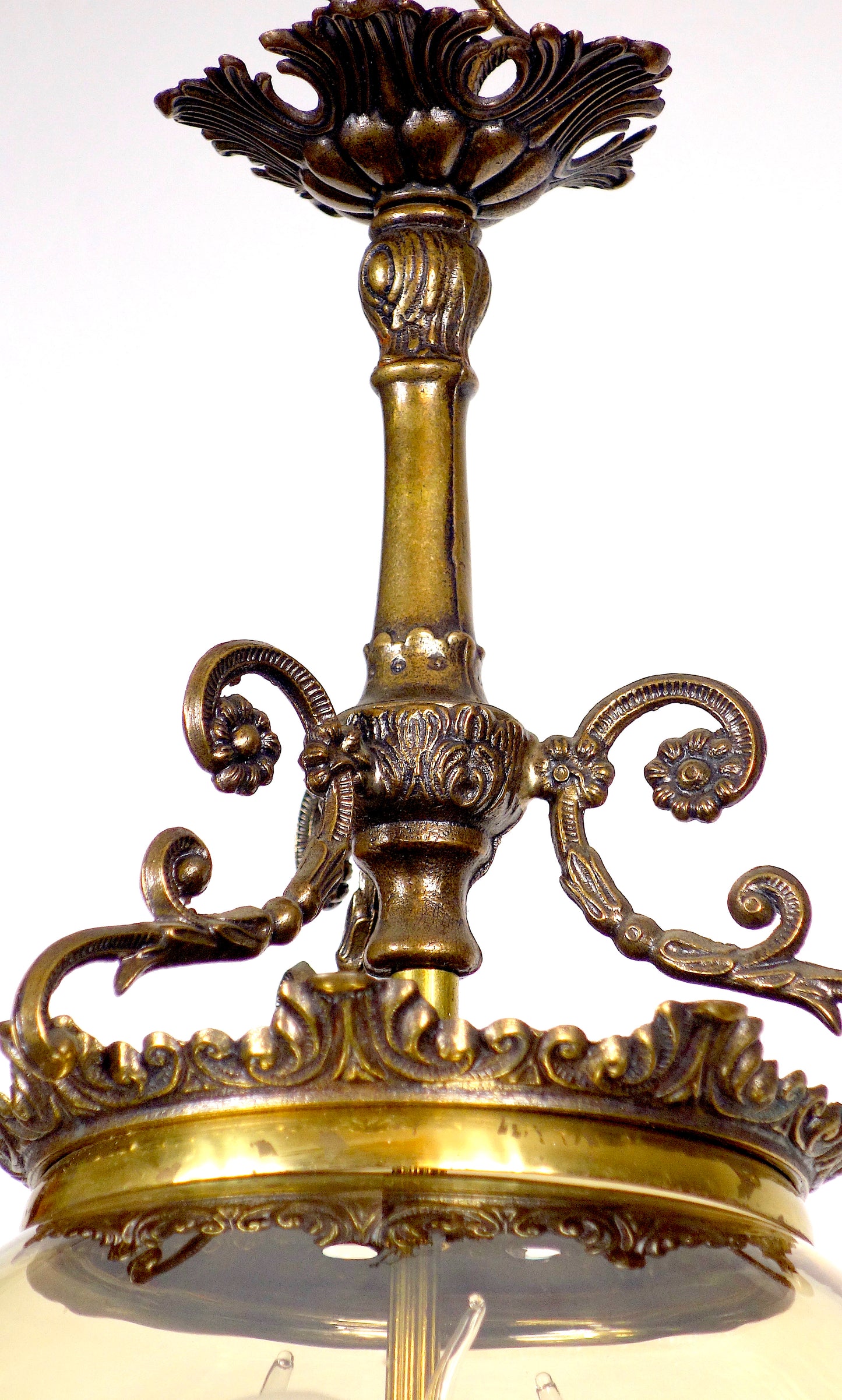 Wunderschöne Antik Messing Glas Hollampe, Kronleuchter, Lüster, 1940er