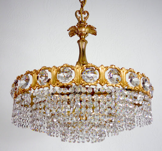 Antik Schröder & Co. Messing Bleikristall Plafonnier Kronleuchter, 1960er