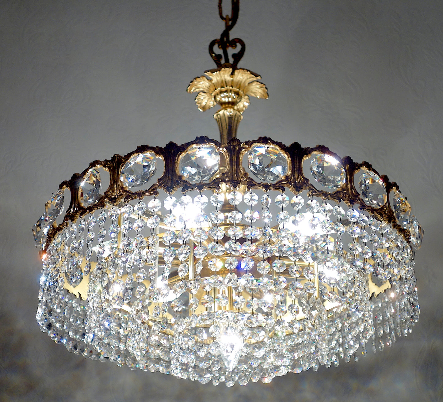 Antik Schröder & Co. Messing Bleikristall Plafonnier Kronleuchter, 1960er