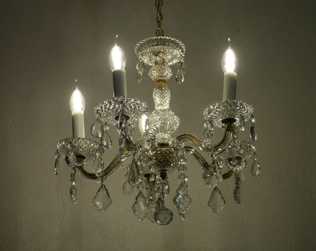 Antik Messing Bleikristall Palme & Walter Kronleuchter, Lüster 5 Flammig