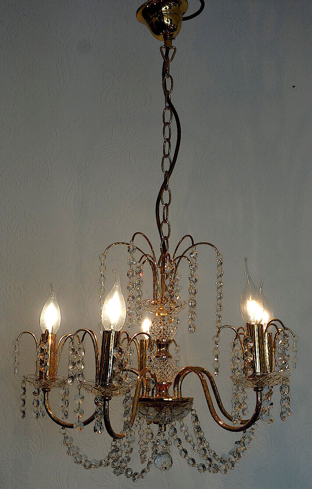 Wunderschöne Messing Kristallglas Preico Kronleuchter, Lüster 5 Flammig