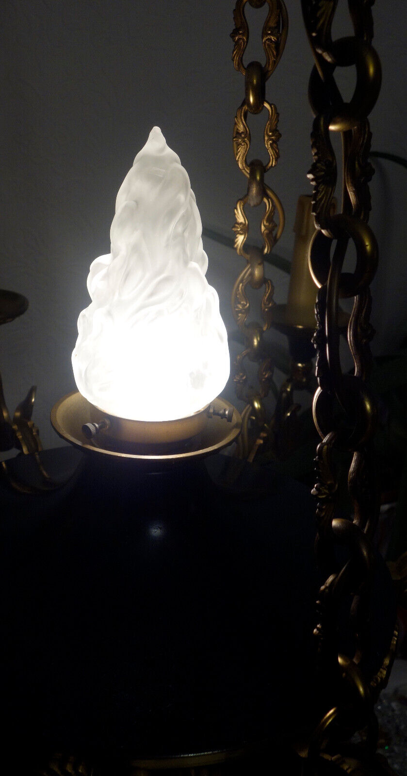 Französische Lucien Gau Empire Bronze Glas Kronleuchter Lüster 7 Flammig