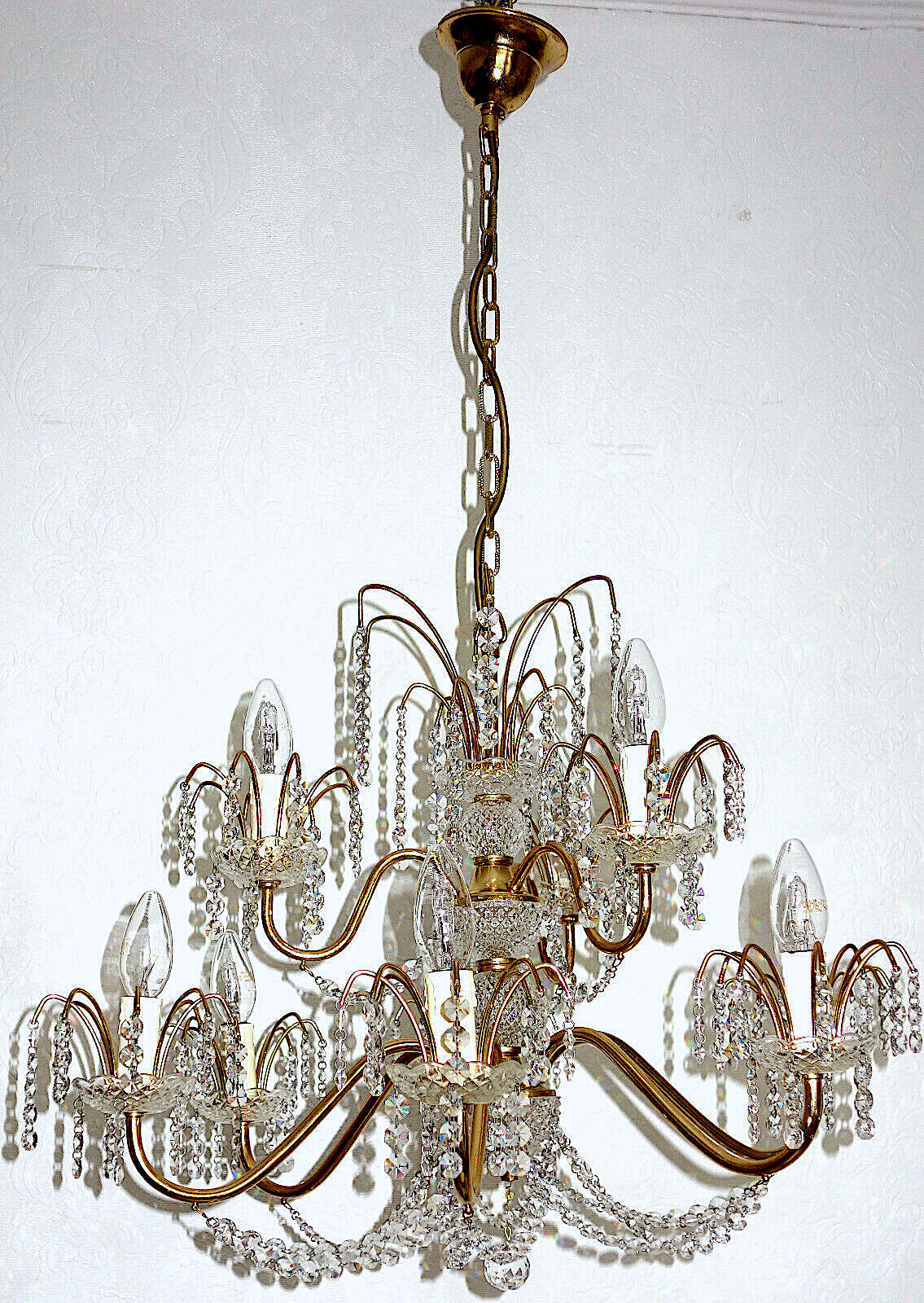 Wunderschöne Messing Bleikristall Kronleuchter, Lüster 9 Flammig