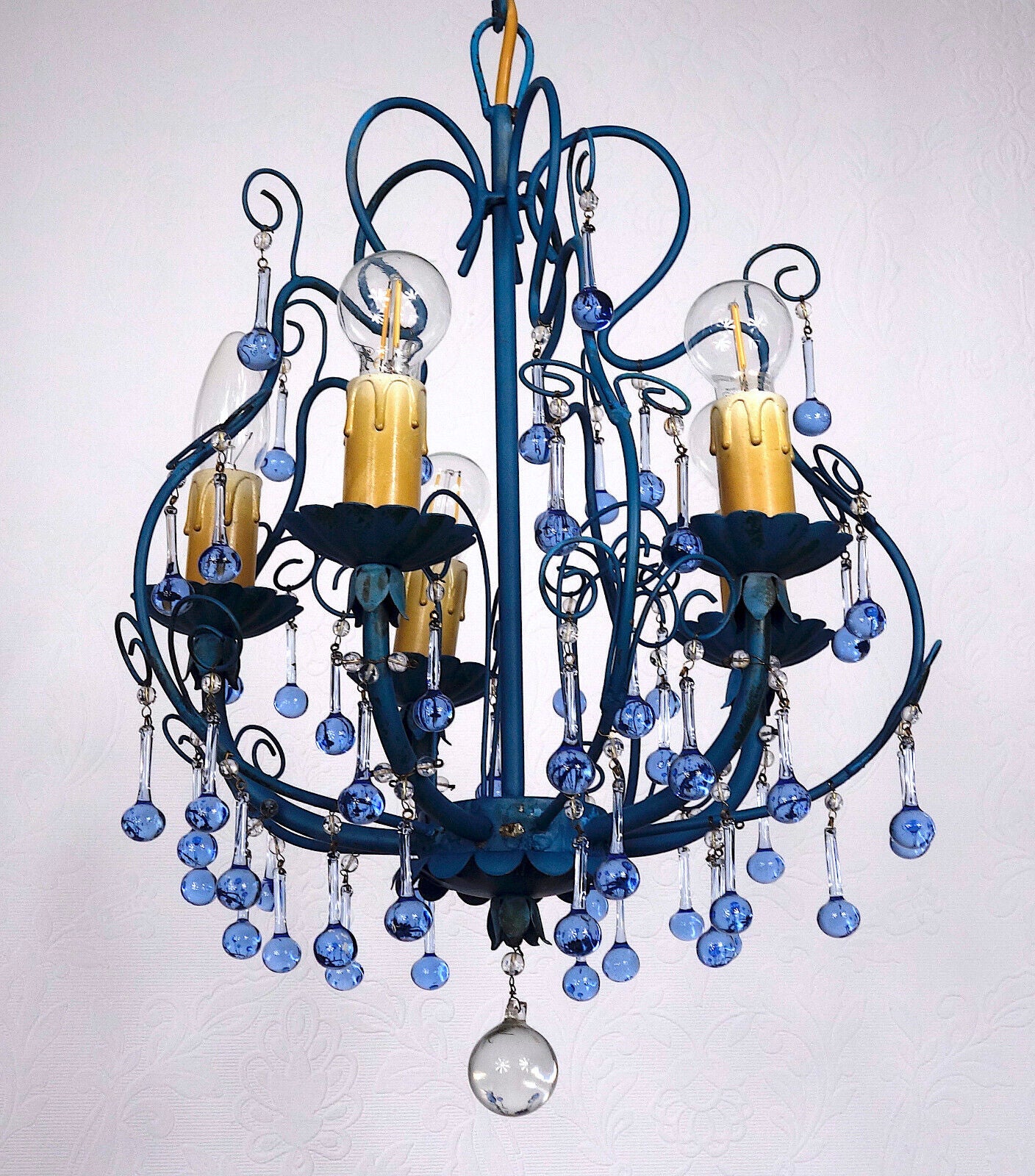 Wunderschöne Metall Murano Azurblau Glastropfen Kronleuchter, Lüster 5 Flammig