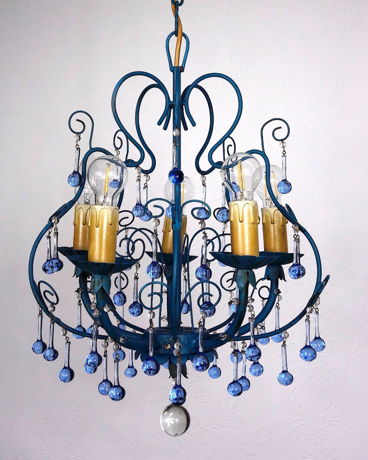 Wunderschöne Metall Murano Azurblau Glastropfen Kronleuchter, Lüster 5 Flammig