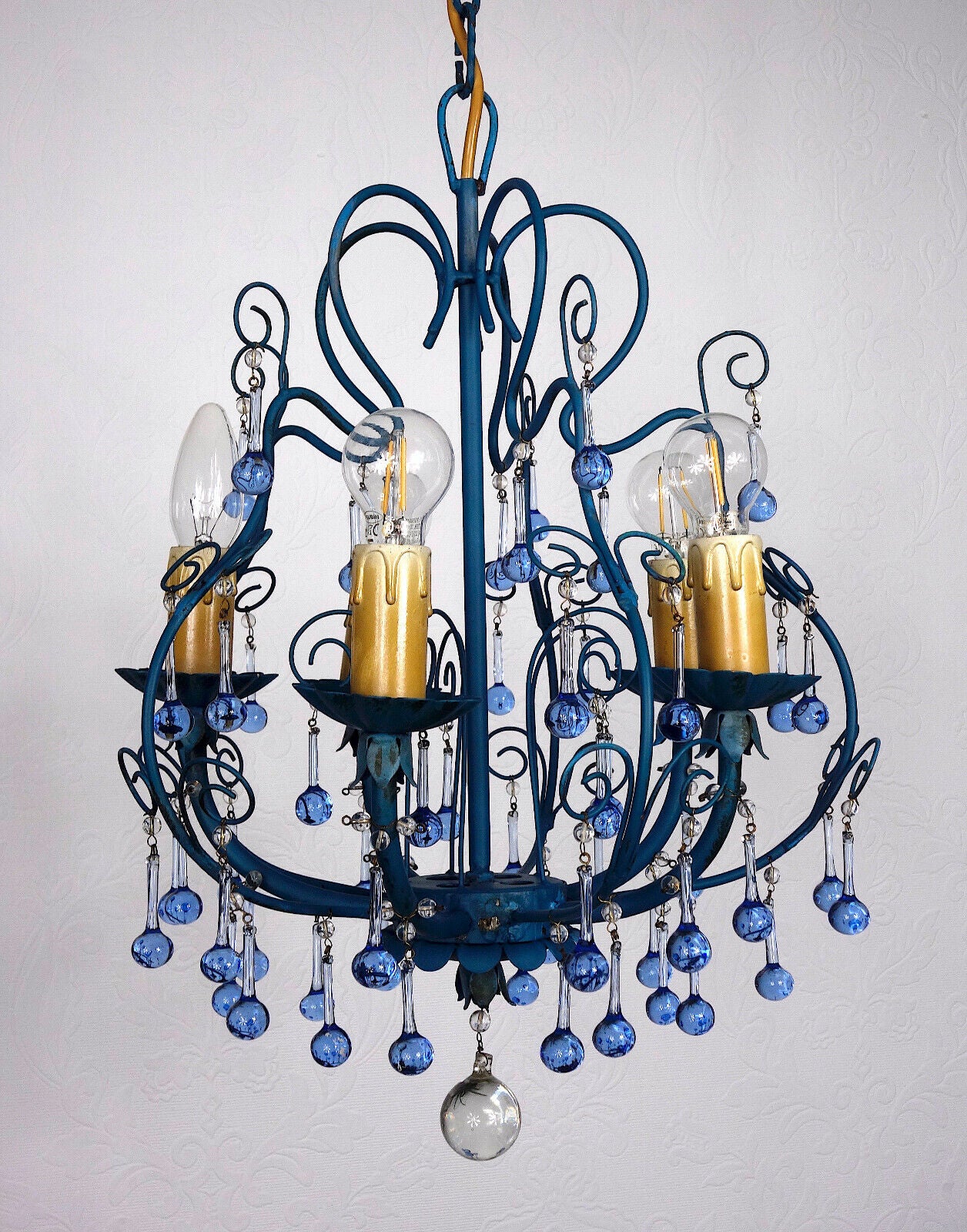 Wunderschöne Metall Murano Azurblau Glastropfen Kronleuchter, Lüster 5 Flammig