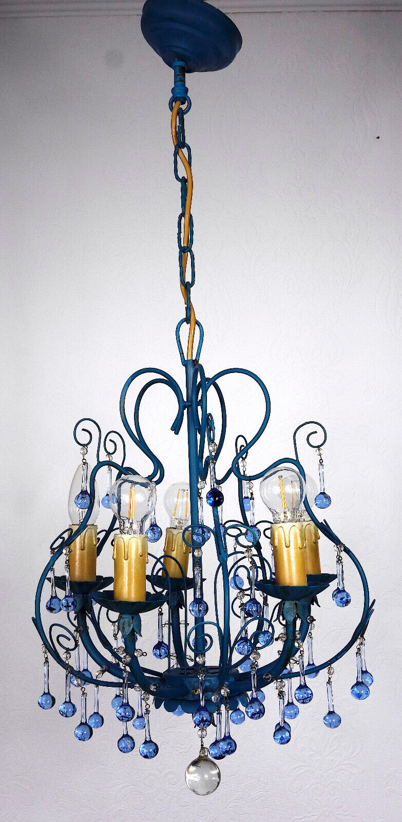 Wunderschöne Metall Murano Azurblau Glastropfen Kronleuchter, Lüster 5 Flammig