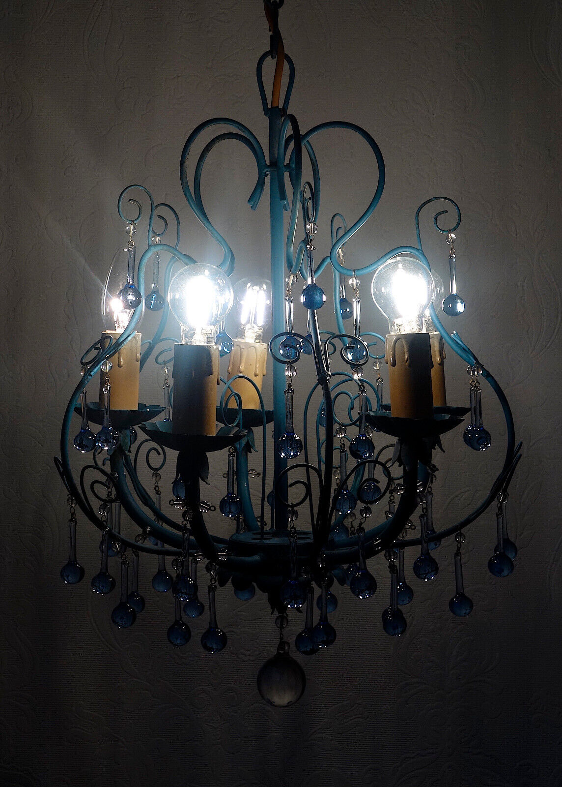 Wunderschöne Metall Murano Azurblau Glastropfen Kronleuchter, Lüster 5 Flammig