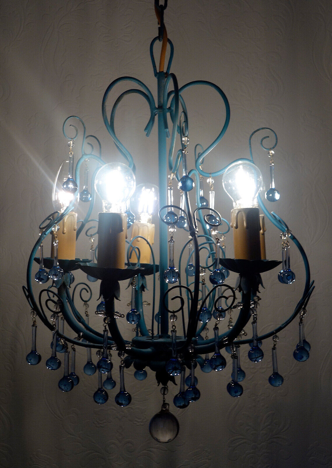 Wunderschöne Metall Murano Azurblau Glastropfen Kronleuchter, Lüster 5 Flammig