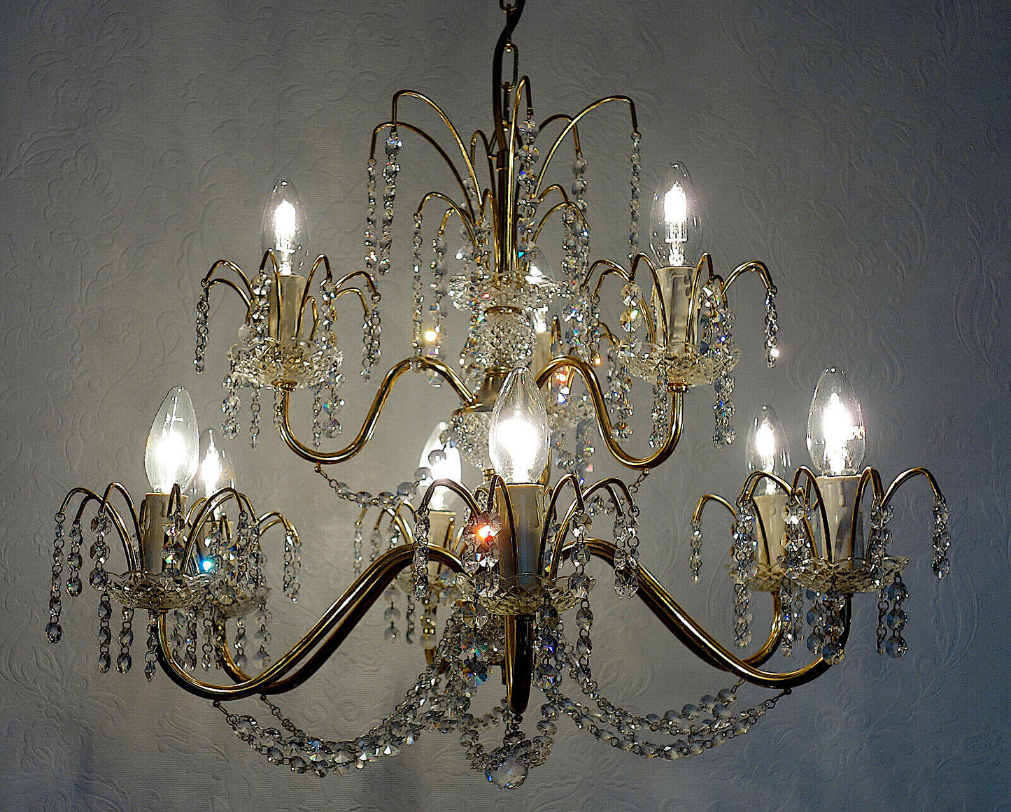 Wunderschöne Messing Bleikristall Kronleuchter, Lüster 9 Flammig