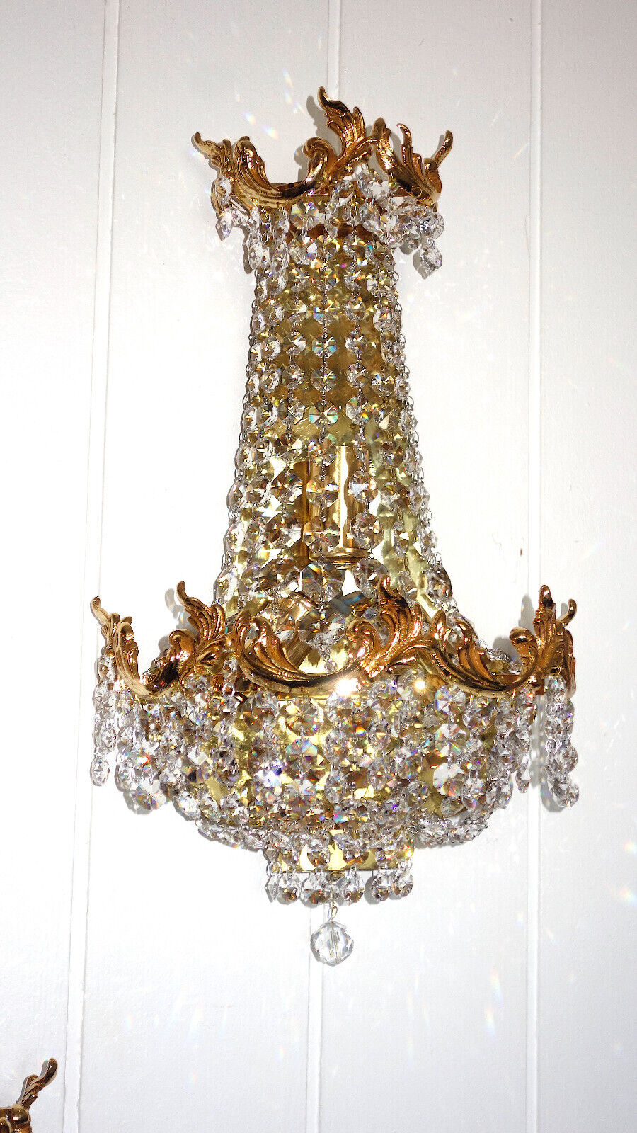 Ein Paar Hochwertige Antik Messing Bleikristall PALWA Wandlampen 43 cm Hoch