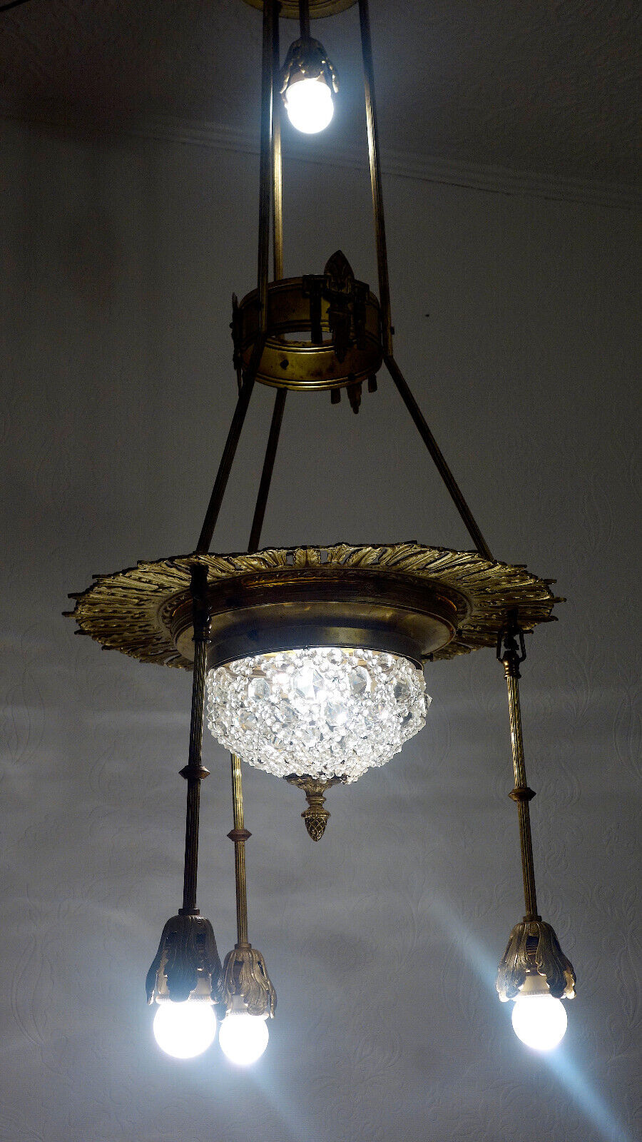 Antik Jugendstil Französische Messing Kristall Kronleuchter, Lüster 5 Flammig