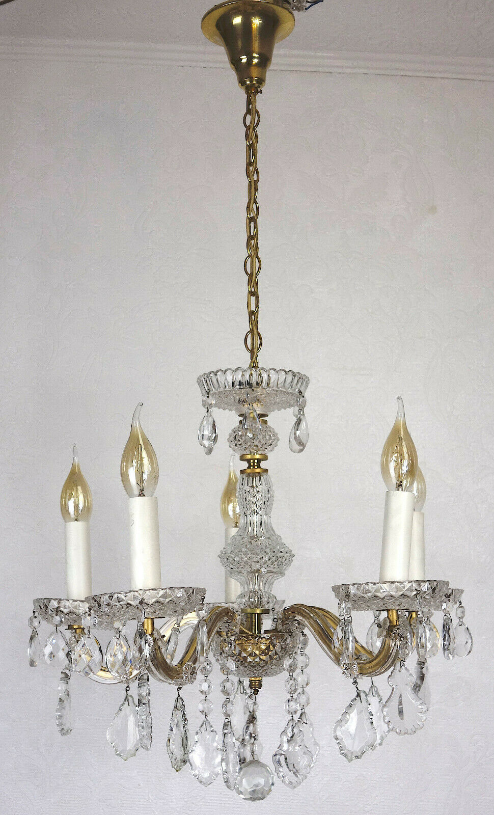 Antik Messing Bleikristall Palme & Walter Kronleuchter, Lüster 5 Flammig
