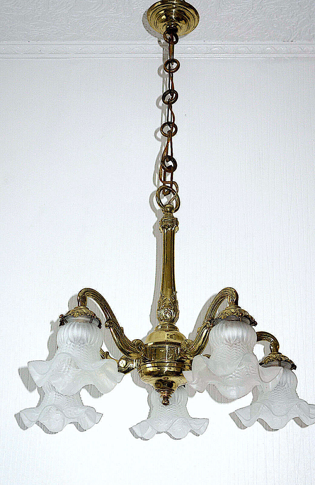 Antik Französische Messing Glas Kronleuchter, Lüster 5 Flammig