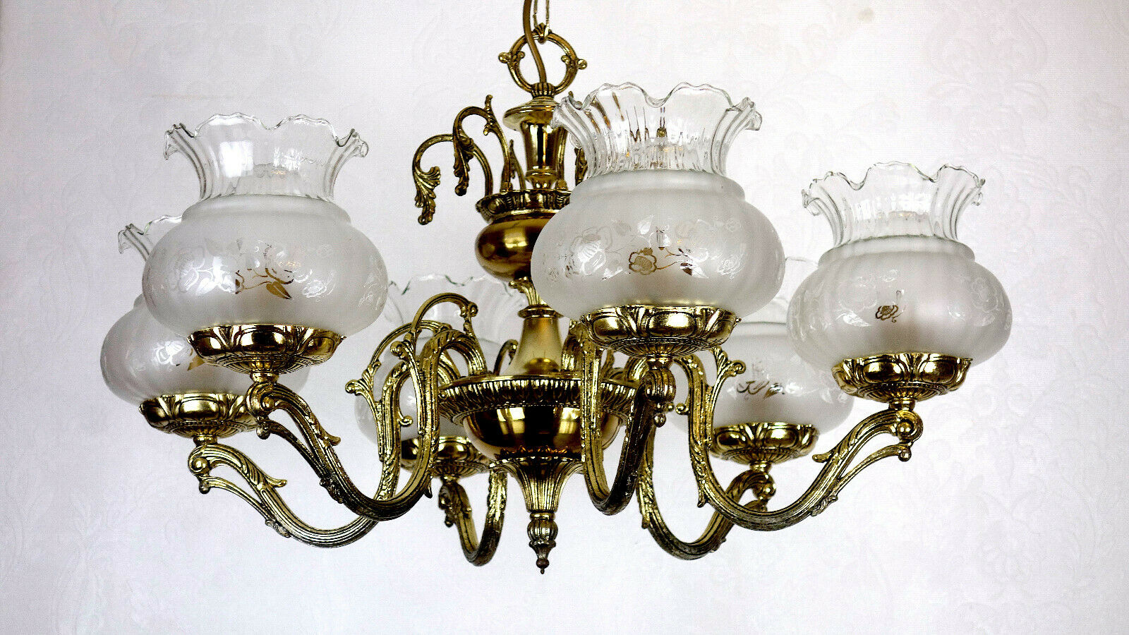 6 Hochwertige Antik Flammig Kronleuchter, Glas – Spanische Leuchten Messing Lüster