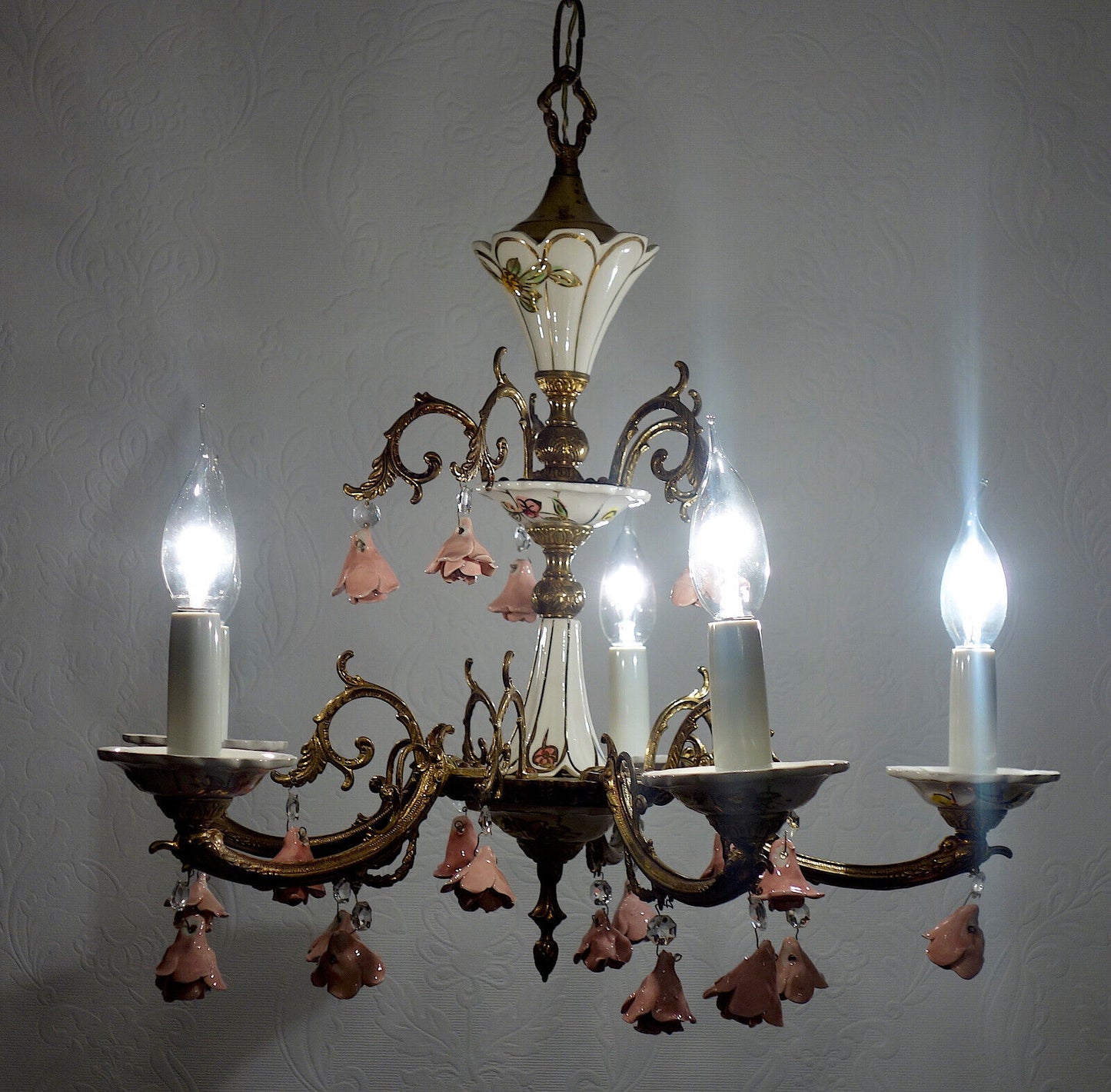 Peris Andreu Messing Porzellan Kronleuchter, Lüster 5 Flammig