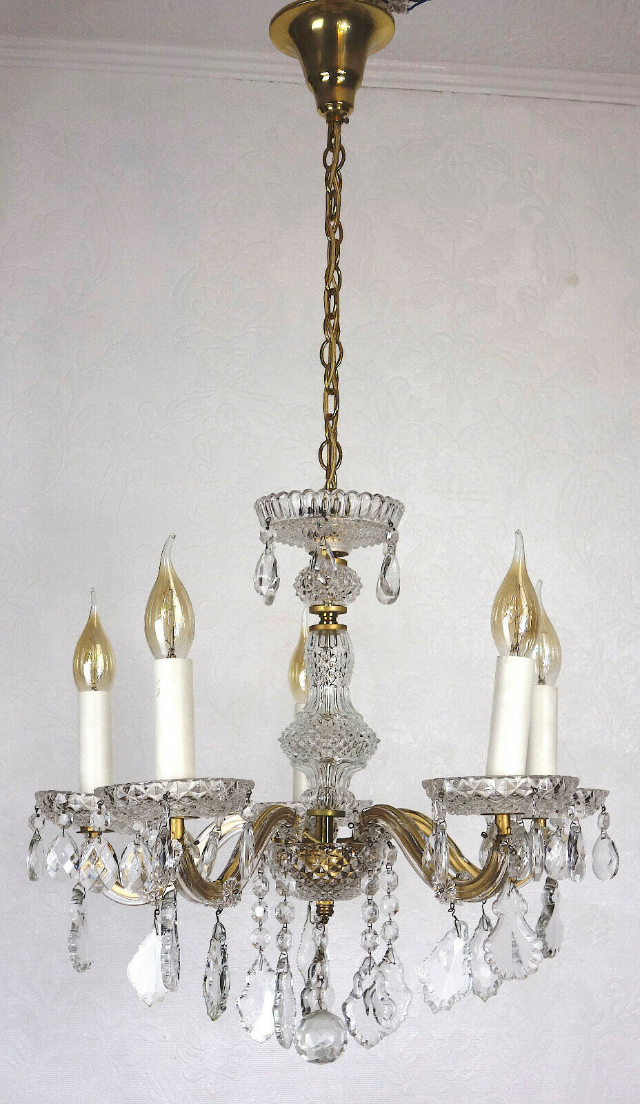 Antik Messing Bleikristall Palme & Walter Kronleuchter, Lüster 5 Flammig