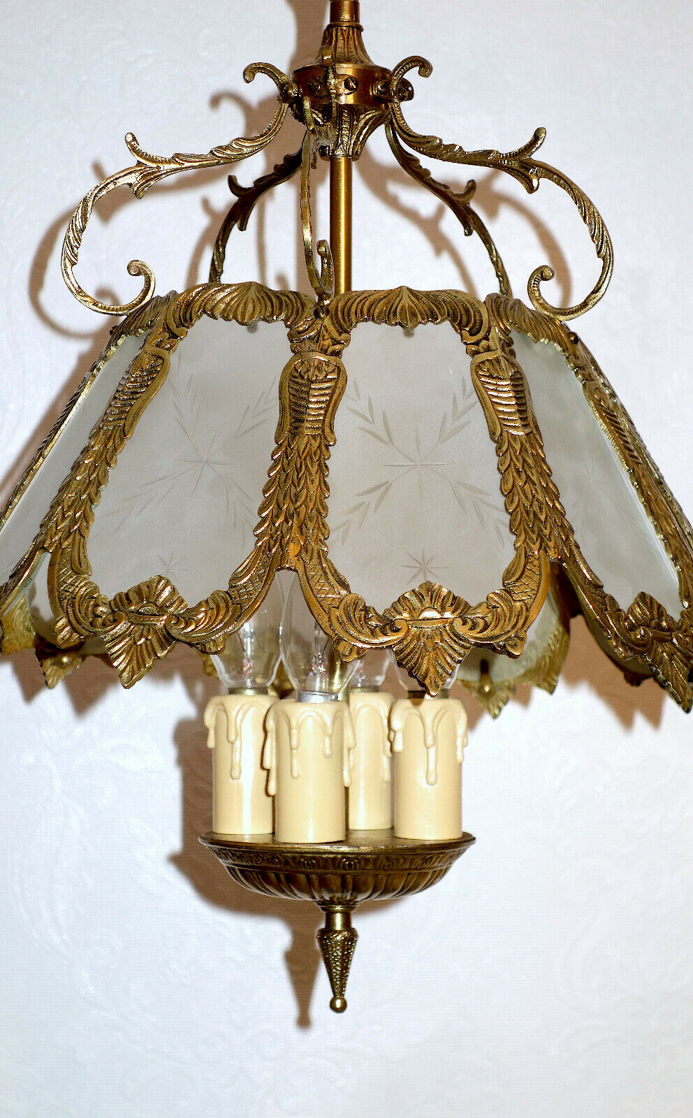 Antik Französische Messing Glas Kronleuchter, Lüster 4 Flammig