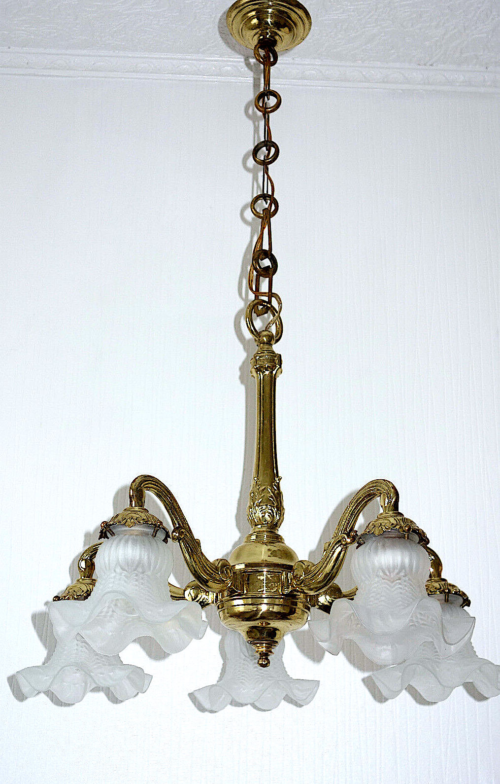 Antik Französische Messing Glas Kronleuchter, Lüster 5 Flammig