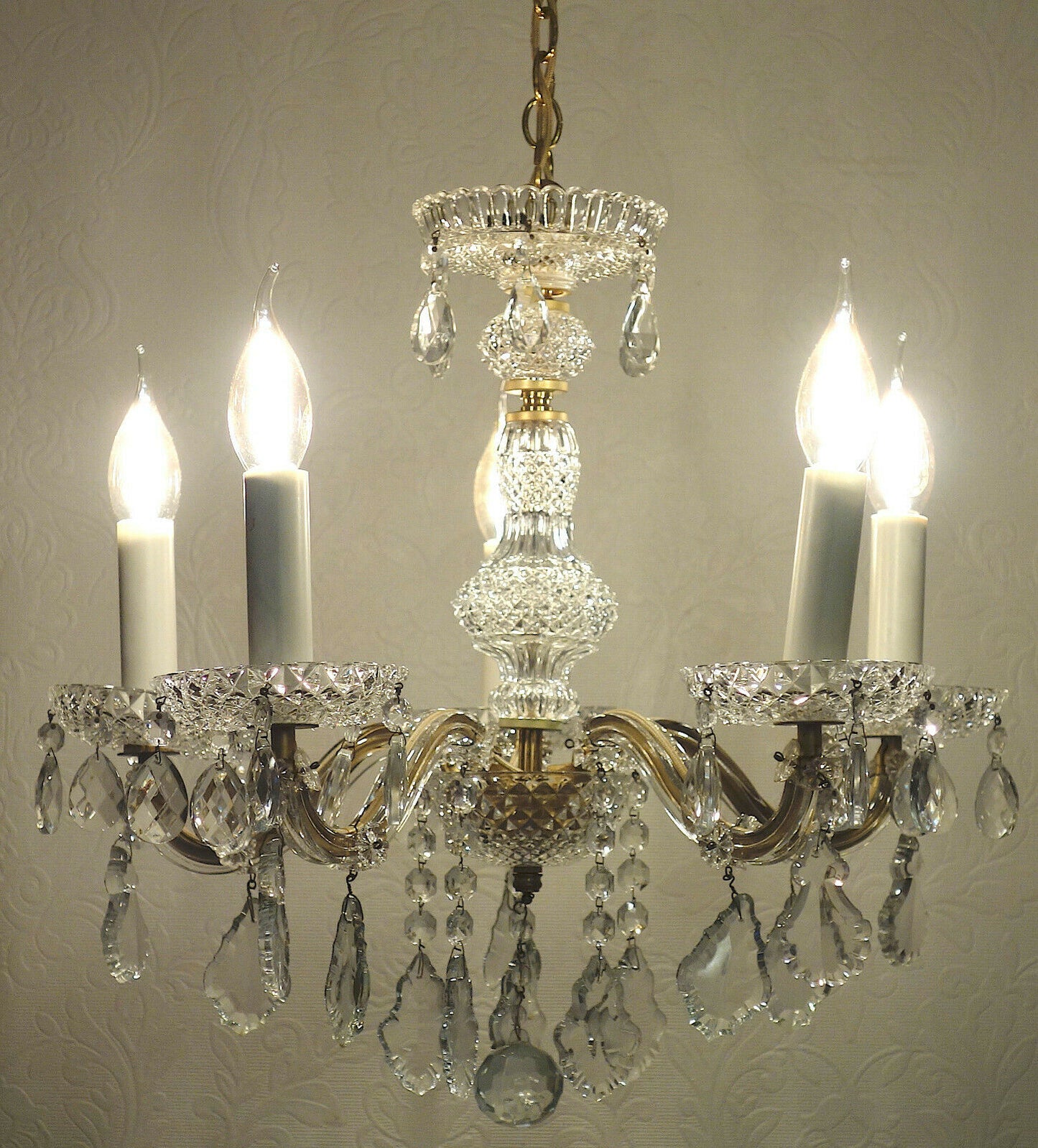 Antik Messing Bleikristall Palme & Walter Kronleuchter, Lüster 5 Flammig