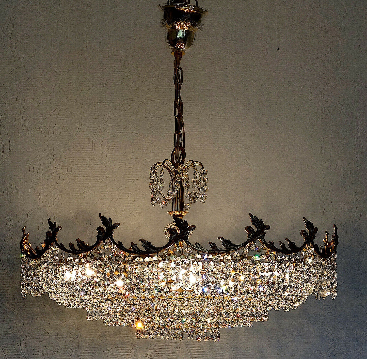 XXL Antik PALWA Messing Bleikristall Kronleuchter, Lüster 12 Flammig