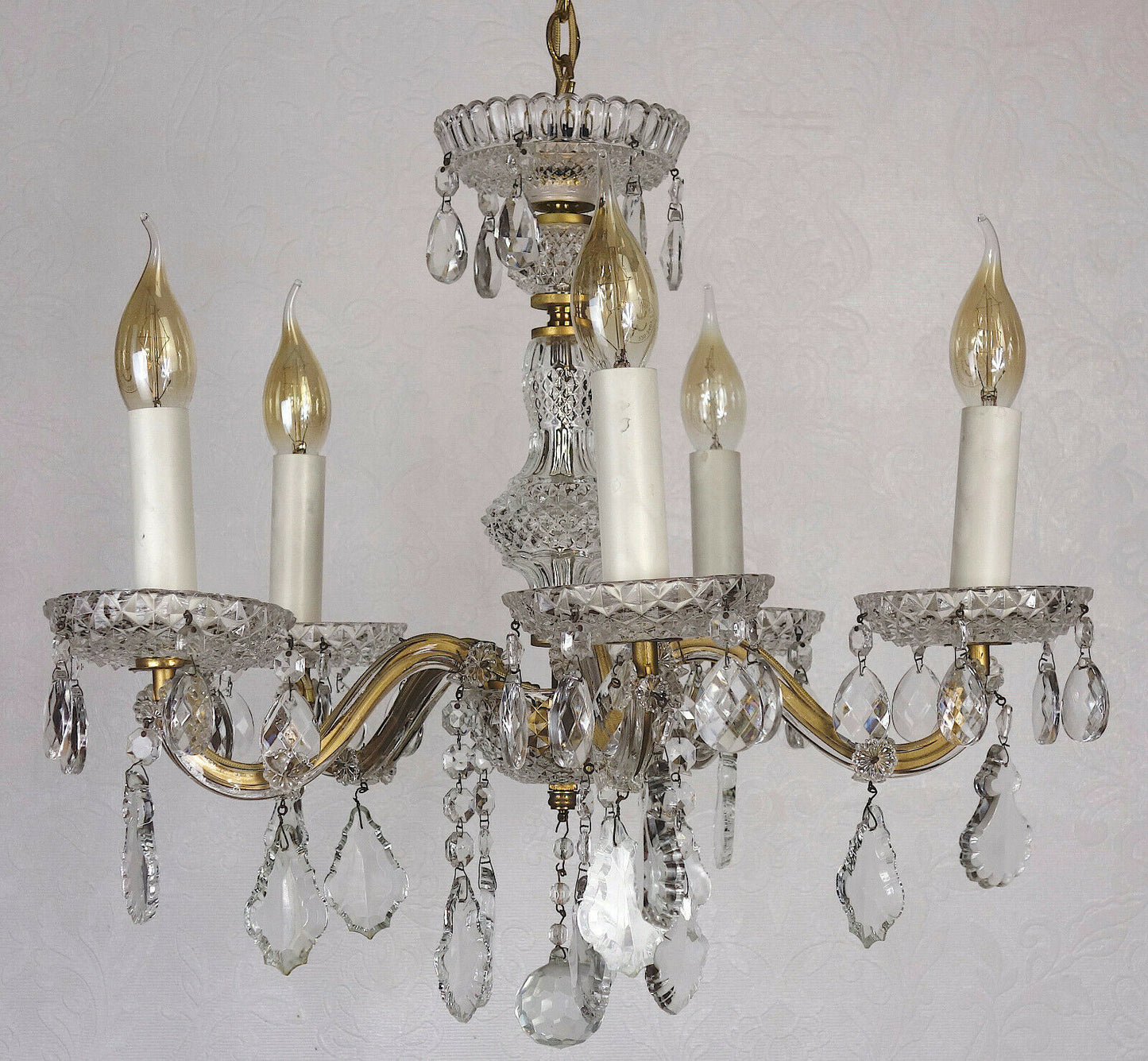 Antik Messing Bleikristall Palme & Walter Kronleuchter, Lüster 5 Flammig