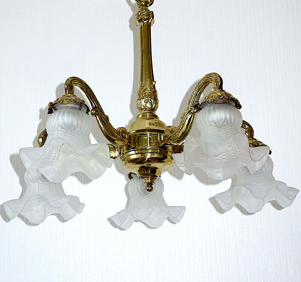 Antik Französische Messing Glas Kronleuchter, Lüster 5 Flammig