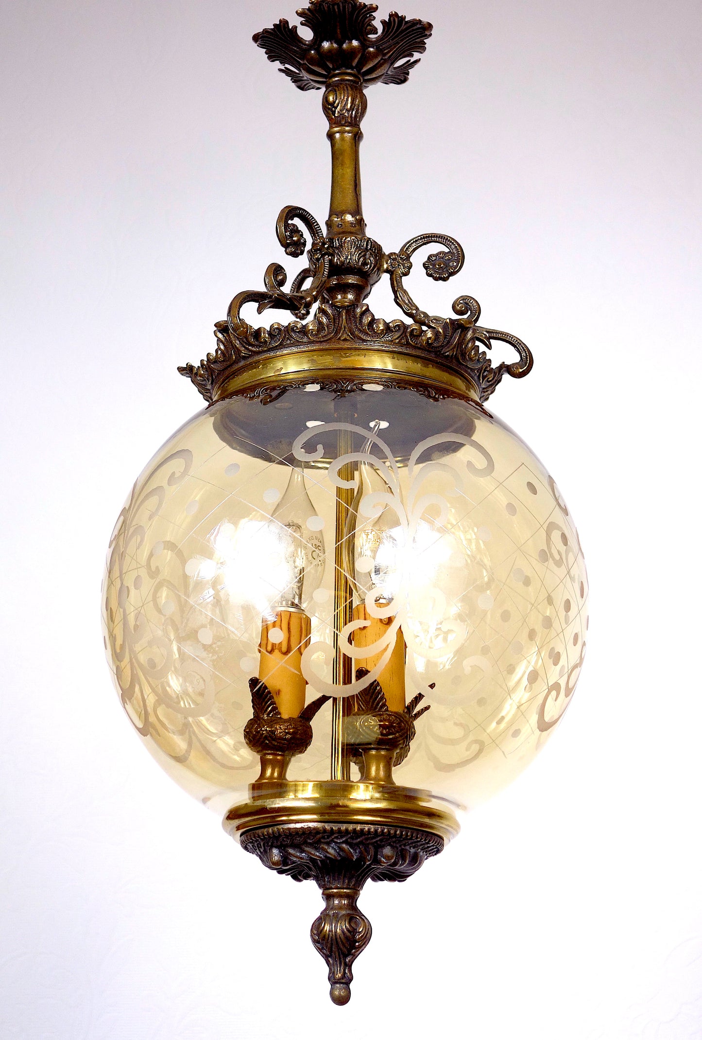 Wunderschöne Antik Messing Glas Hollampe, Kronleuchter, Lüster, 1940er