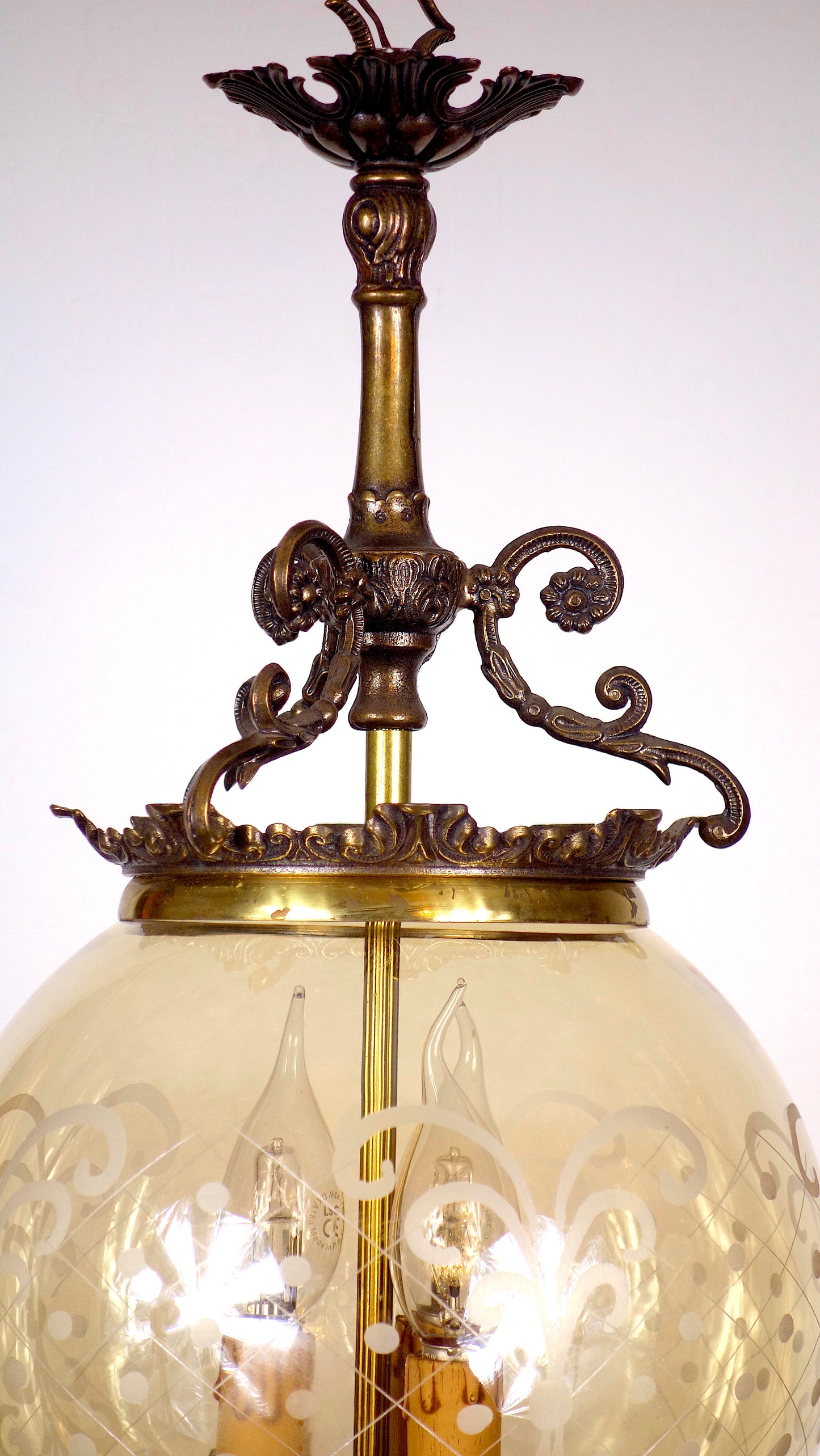 Wunderschöne Antik Messing Glas Hollampe, Kronleuchter, Lüster, 1940er