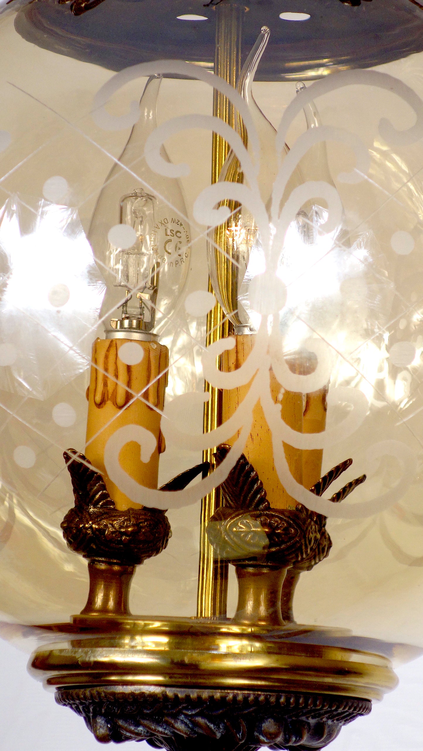 Wunderschöne Antik Messing Glas Hollampe, Kronleuchter, Lüster, 1940er
