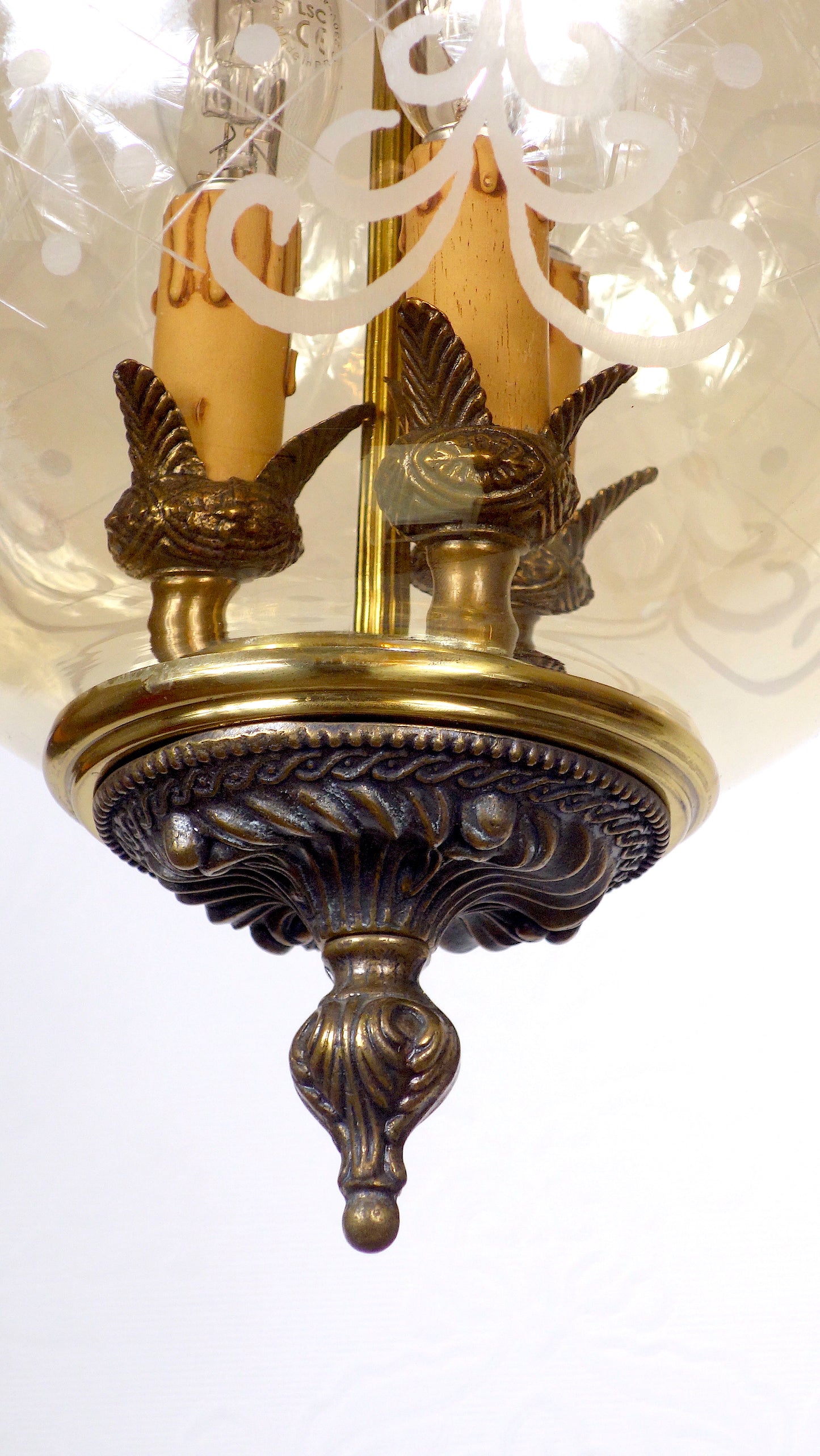 Wunderschöne Antik Messing Glas Hollampe, Kronleuchter, Lüster, 1940er