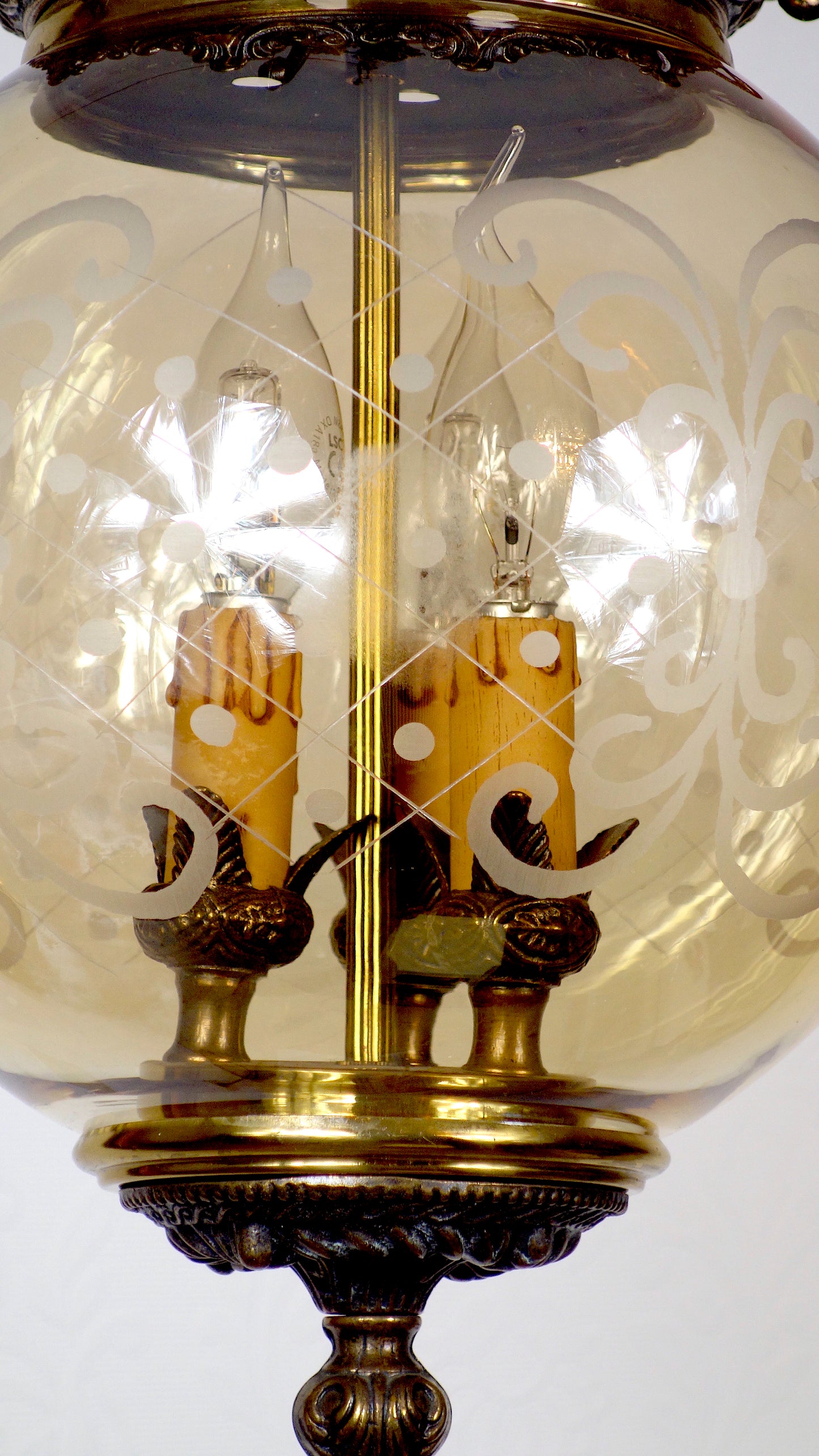 Wunderschöne Antik Messing Glas Hollampe, Kronleuchter, Lüster, 1940er