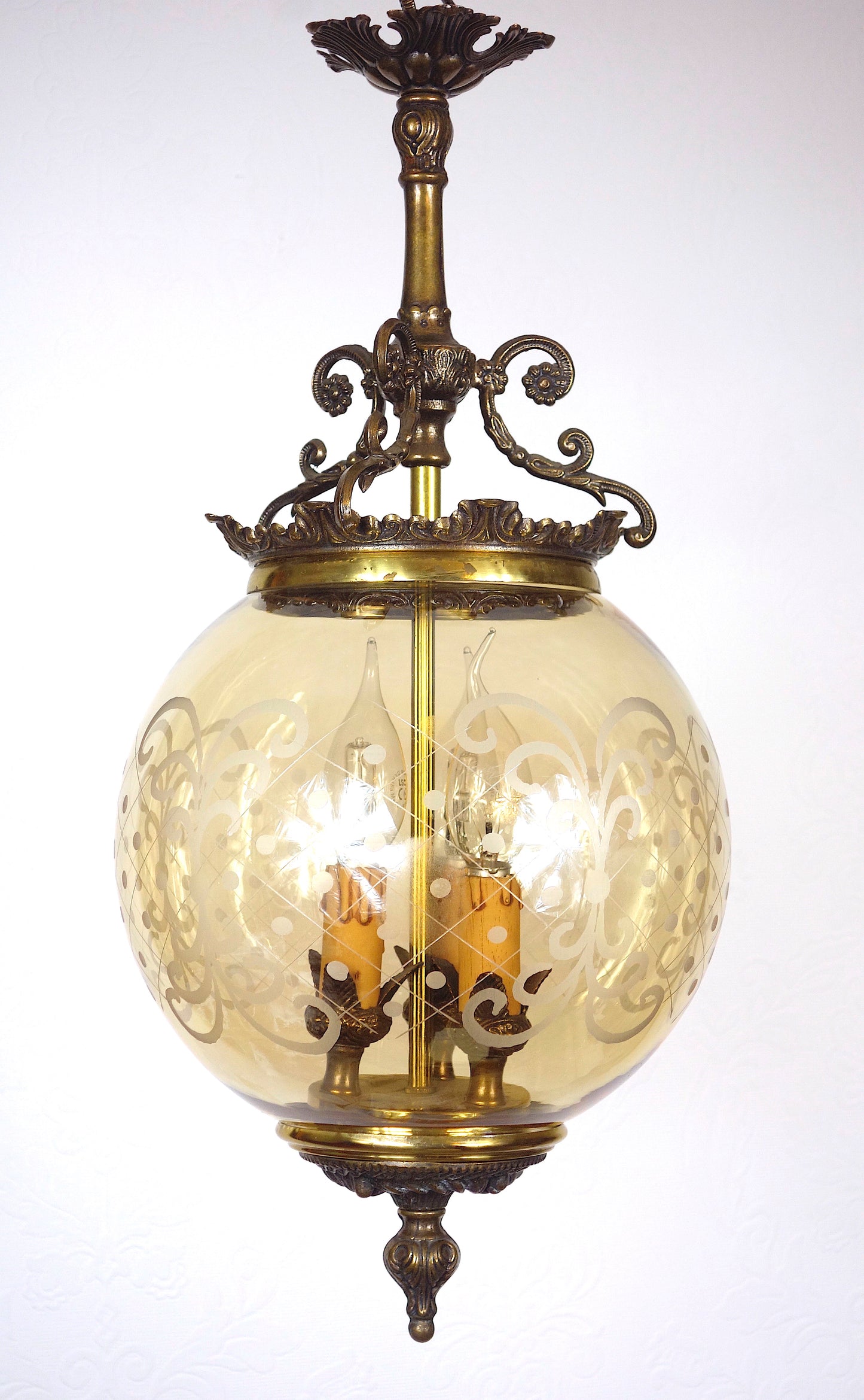 Wunderschöne Antik Messing Glas Hollampe, Kronleuchter, Lüster, 1940er
