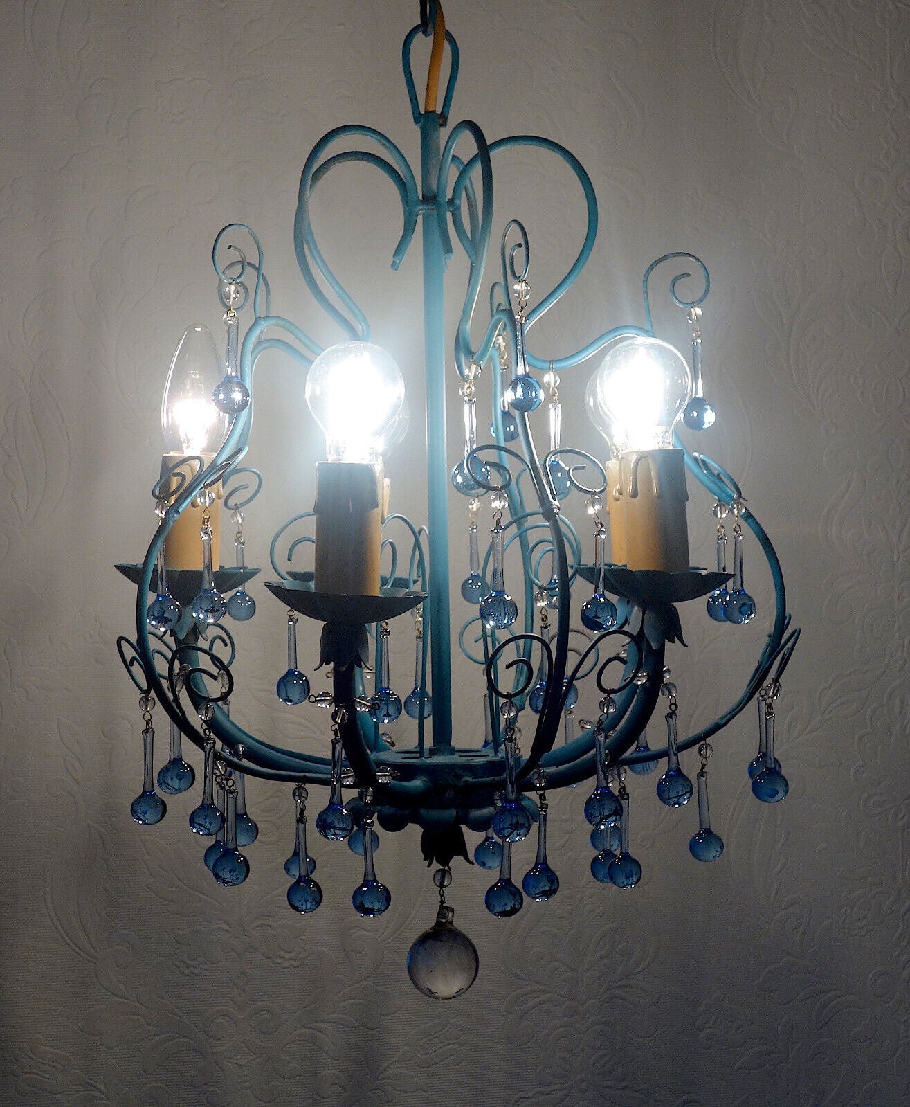 Wunderschöne Metall Murano Azurblau Glastropfen Kronleuchter, Lüster 5 Flammig