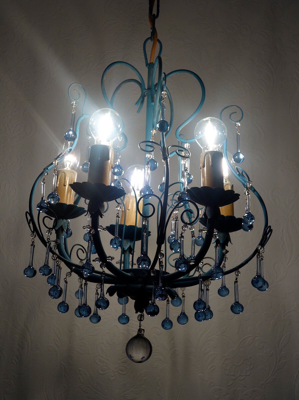 Wunderschöne Metall Murano Azurblau Glastropfen Kronleuchter, Lüster 5 Flammig