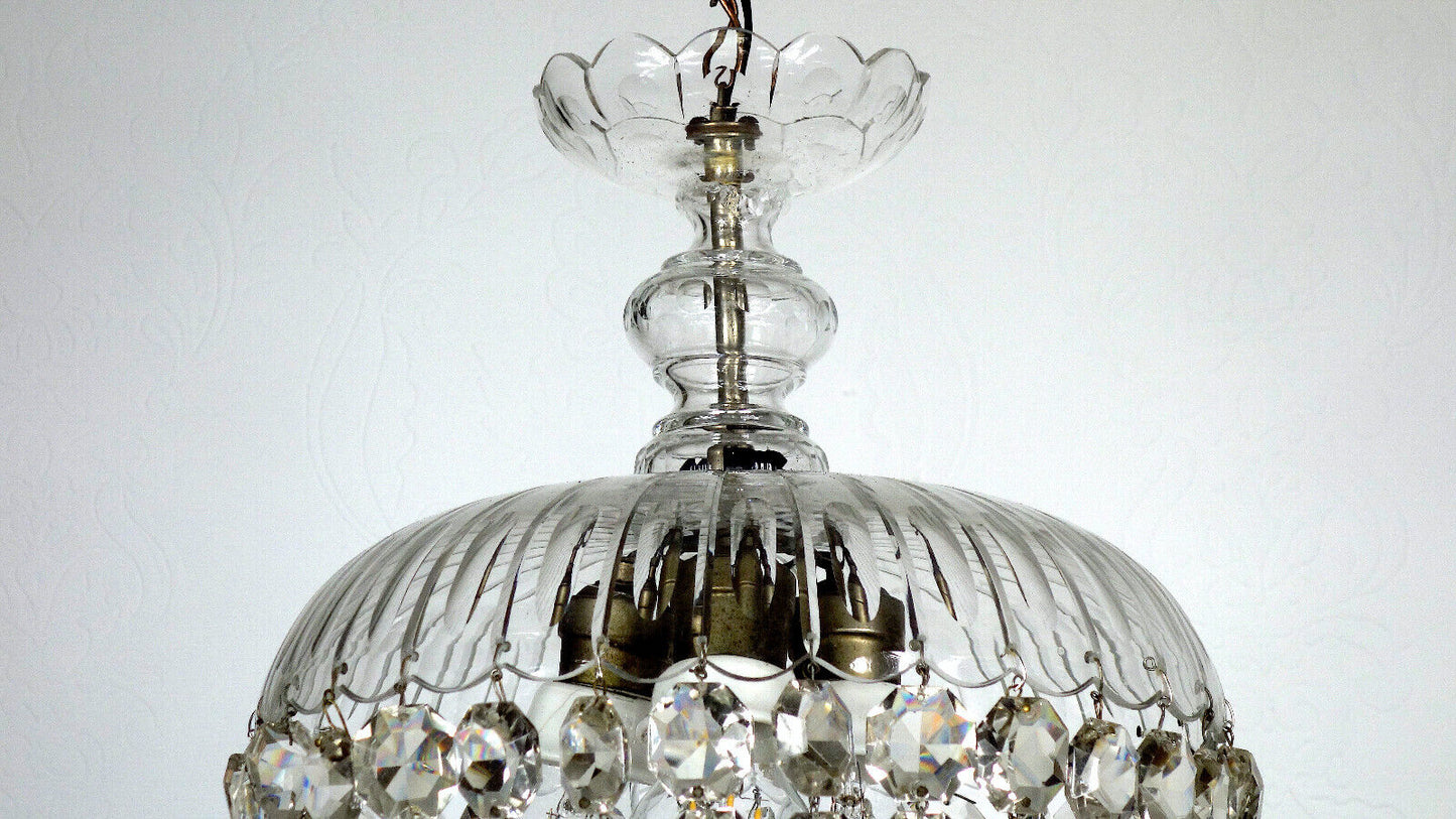 Antik Jugendstil Französische Kristallglas Hollampe, Lüster 3 Flammig